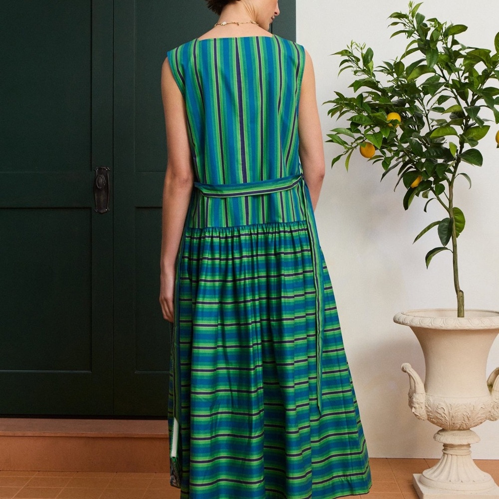 Alemais Margo Midi Green Striped Sleeveless Belted Dress - Picture 3 of 11